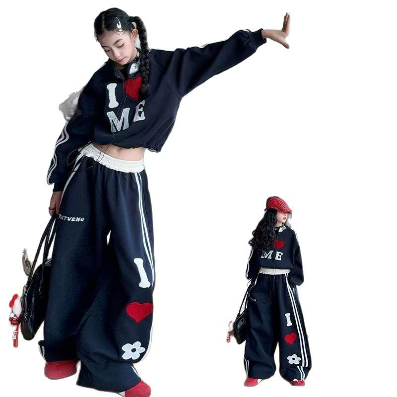Осенний Комплект Одежды для Девочек Подростков Свитшот с Буквами и Штаны 2 шт. Детские Толстовки Модный Спортивный Костюм Хип-хоп Стиль