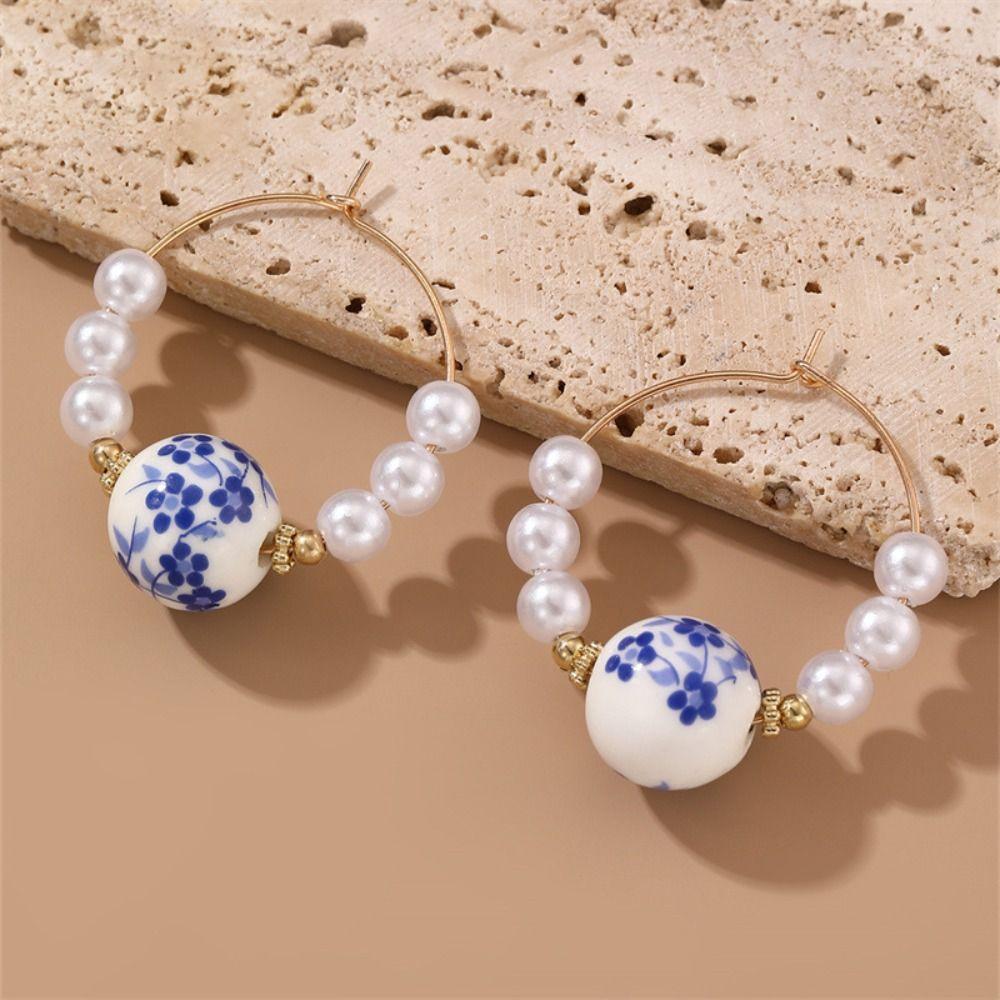 Ceramics Blue and White Porcelain Earrings Bohemia Earrings Flower Beaded Earring  Birthday Gift