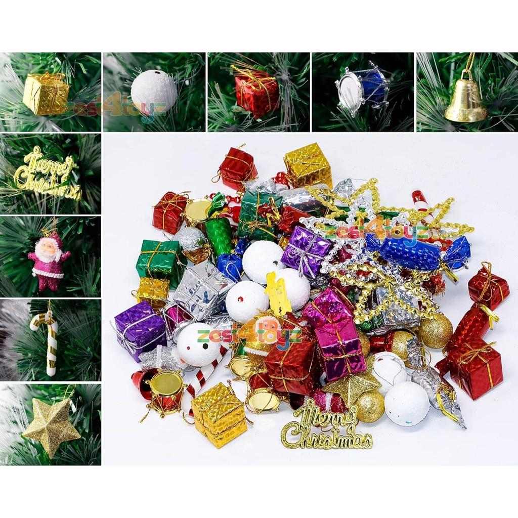 Christmas Decorations with Bells Candy Sticks Stars Gift Boxes and Santa Ornaments Christmas Tree Decoration Items (90 Pcs) Multicolor