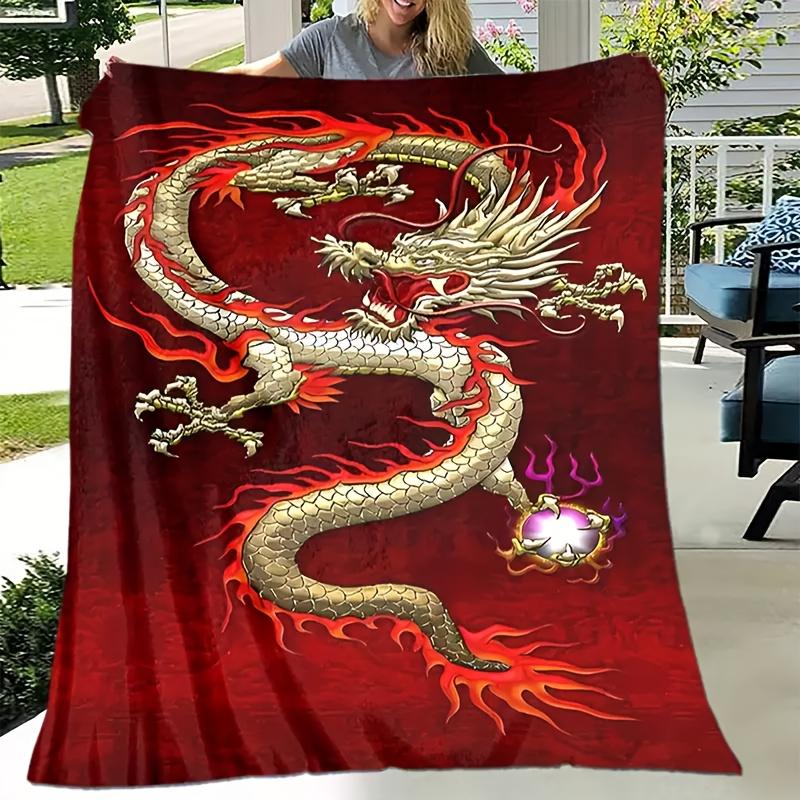 Cozy Golden Dragon Flannel Throw Blanket - Lightweight, Reversible for All Seasons - Perfect for Couch, Bed, Travel & Camping