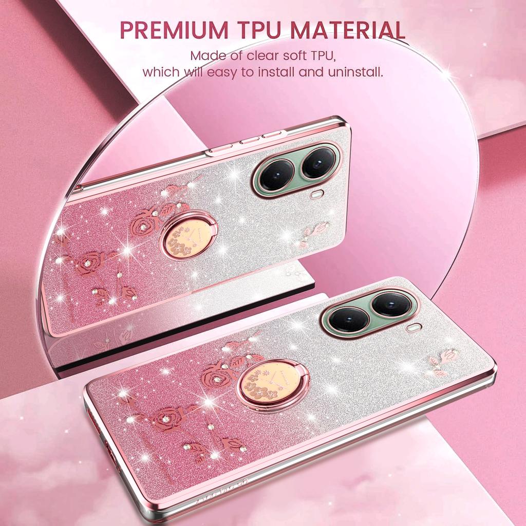 For Xiaomi Poco X7 Pro 5G/Redmi Turbo 4 5G Case Ring Kickstand TPU Flowers Phone Cover Gradient Glitter
