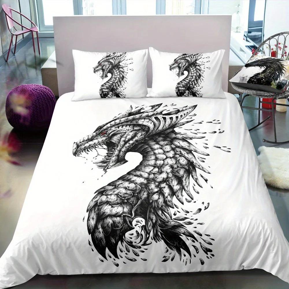 Красный Черный Дракон Принт Комплекты Пододеяльников Королева Китайский Дракон Узор Постельное Белье 3 Предмета Комплекты Наволочек Декор Спальни