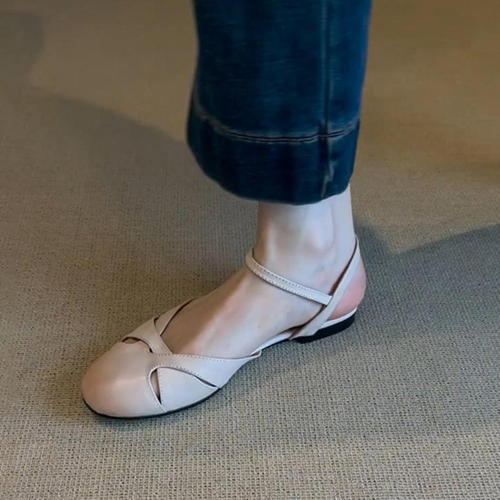 Sheepskin Version~ Retro Literary Summer Wear Leather Sandals Women's Low-heeled Hollowed-out Versatile Temperament Casual Roman Shoes