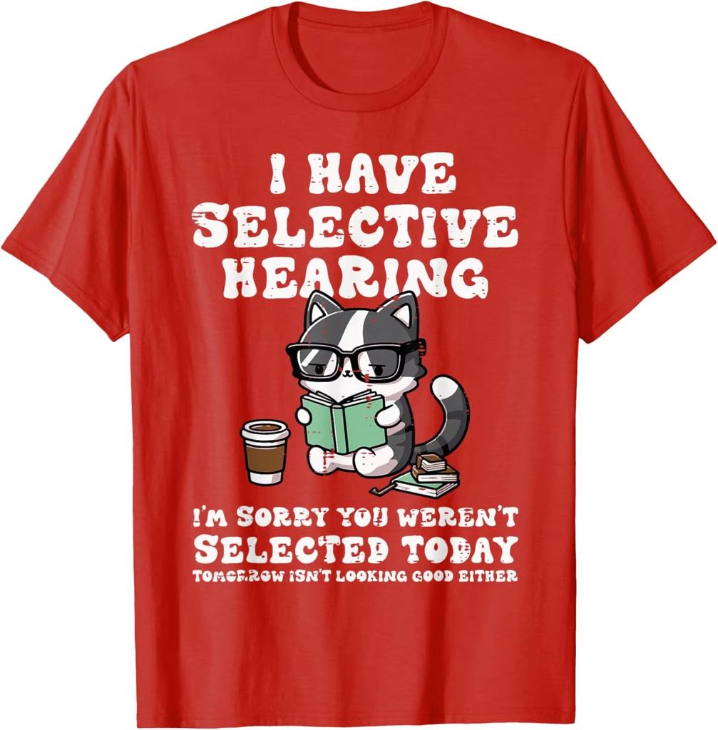 2026 New Funny Selective Hearing Cat Reading Graphic Tee Casual Cotton Short Sleeve T-Shirt for Men