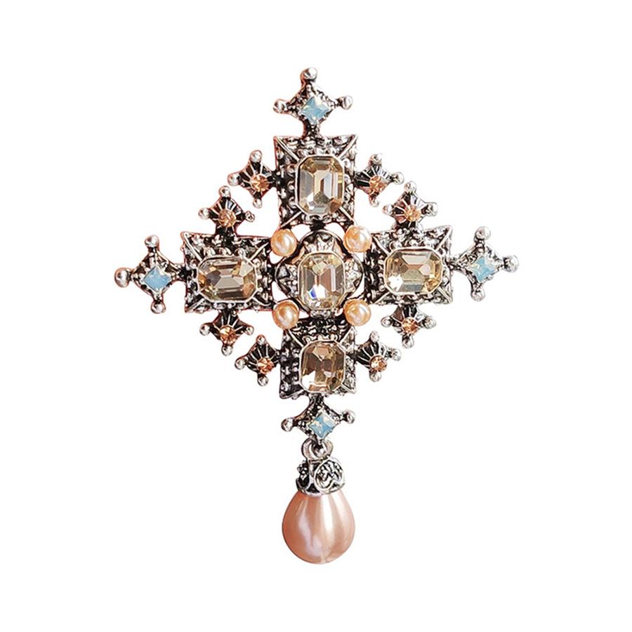 New Baroque Cross Rhinestone Brooch Female Temperament Coat Pin Corsage Shirt Collar Pin Versatile Accessories
