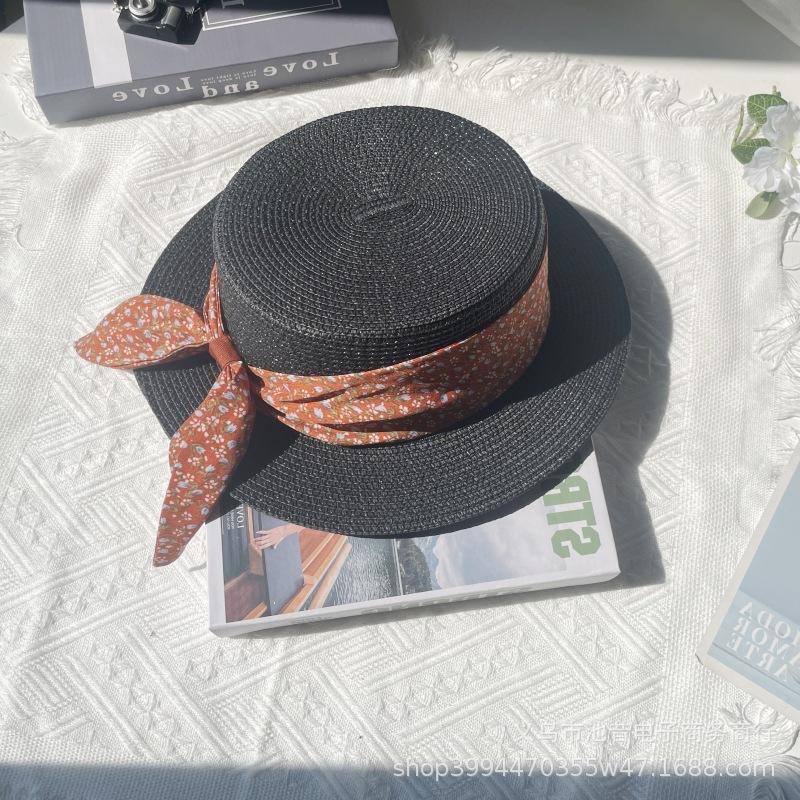 French flat hat straw hat women's summer seaside play beach hat top hat floral with sun protection hat