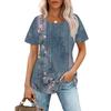 Women's Fashionable Casual Pleated Round Neck  Printed Short Sleeved T-shirt Top