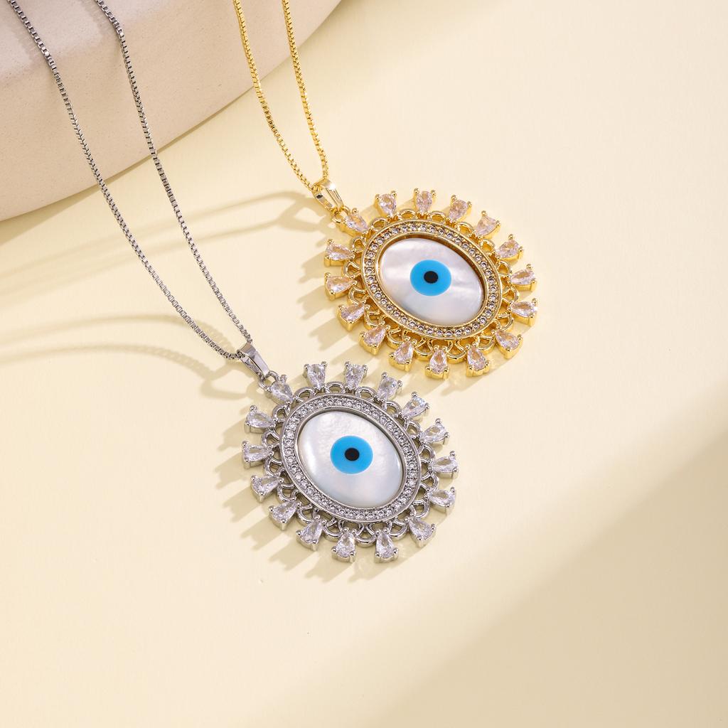 Nidin Turkish Evil Eye Pendant Necklace For Women Vintage Sunflower Shape Micro Pave Zircon Clavicle Chain Lucky Amulet Jewelry