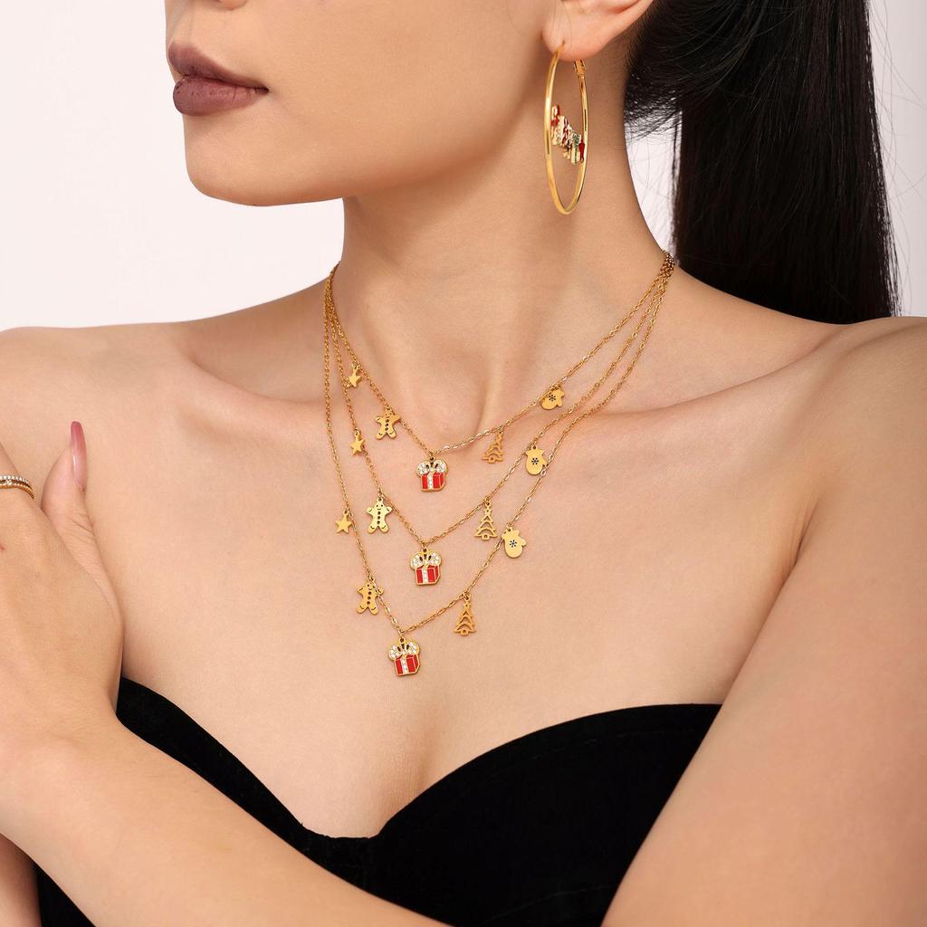 Oumeka Christmas Geometric Pendant: 18K Gold-Plated Stainless Steel Enamel Chain Jewelry