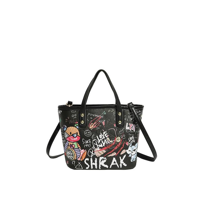 Cartoon Graffiti Pu Tote Bag For Women Large Capacity Water Bucket Style With Zip Closure