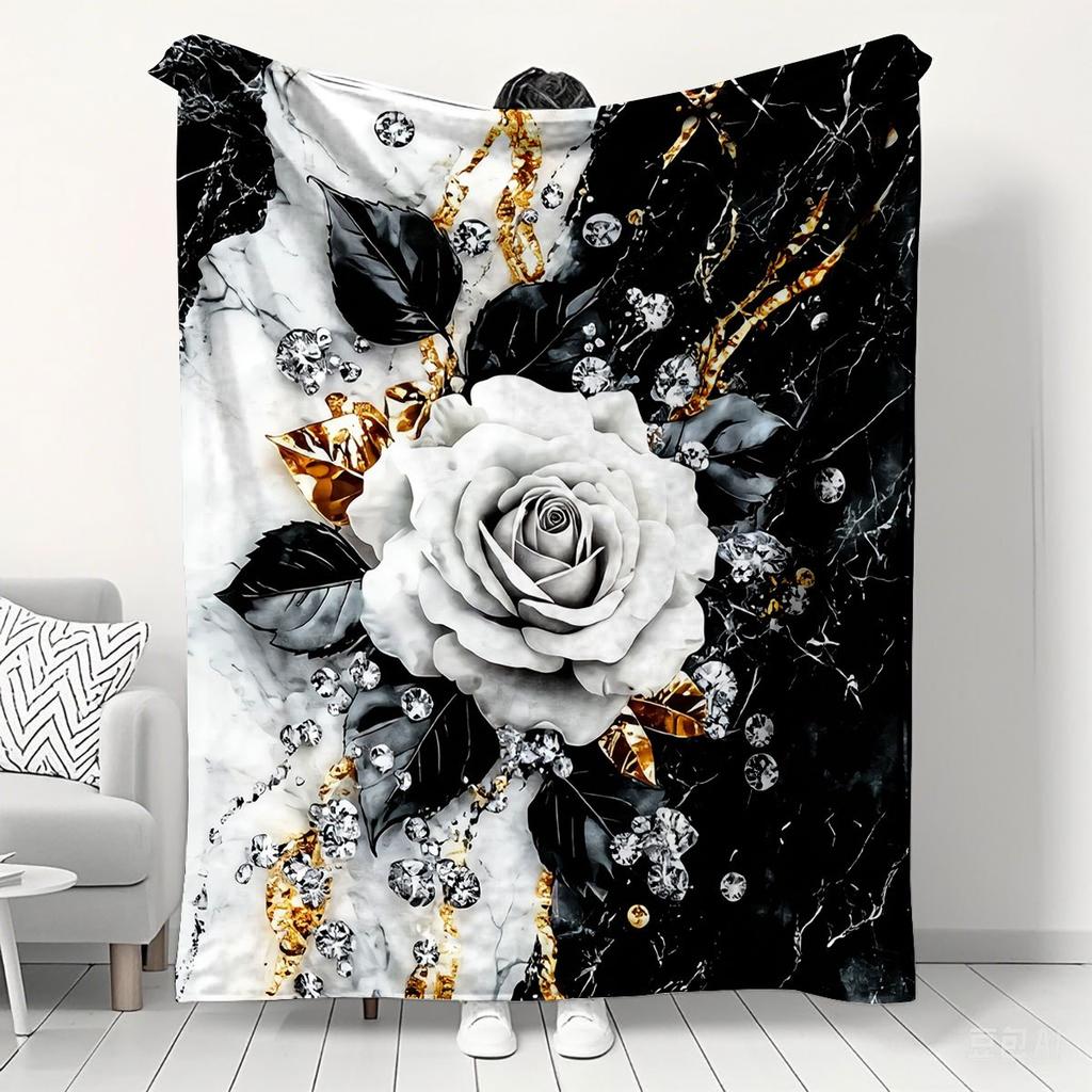 Luxury Marble White Rose Blanket Black Gold Marble Diamond Flower Flannel Throw Blanket Glam Aesthetic Home Decoration