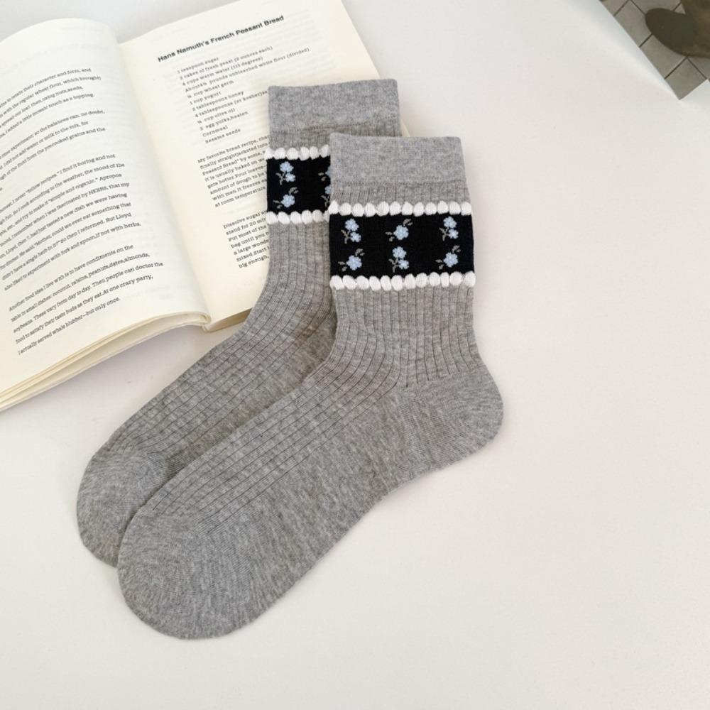 New Korean Style Cotton Socks Small Flower Light Mid-calf Socks Grey Checkered Breathable Boneless Pile Socks Spring Summer