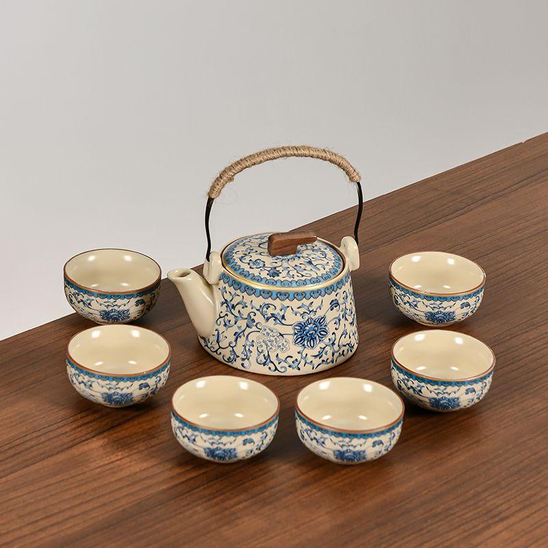 Chinese Ru Kiln Blue and White Teapot Home Vintage Handmade Ceramic Handle Pot Kung Fu Tea Set Tea Infuser