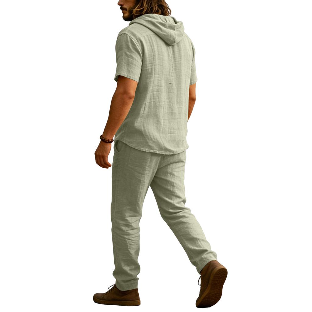 Мужской повседневный льняной комплект, Рубашка на пуговицах, Брюки с эластичным поясом и кулиской, Свободные, Удобный комплект из двух предметов