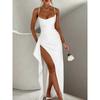 Spaghetti Straps Thigh High Slit Sexy Maxi Dress Women's Elegant Satin High Stretch Sleeveless Backless Club Party Dress