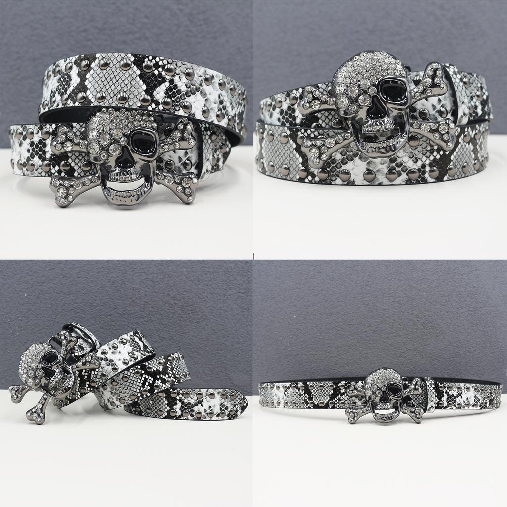American Rhinestone Large Skull Belt Rivet Punk Decoration Men and Women Belt Abi Decorative Snake Belt