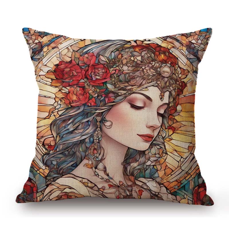 Nouveau Art Mucha Style Stained Glass Eleglant Lady Divine Witch Retro Decoration Art Sofa Pillow Case Linen Cushion Cover