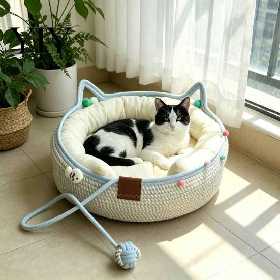 Cozy Resting Space for Pets Cotton Rope Cat Basket Bed, Woven Bed with Hanging Ball Toy, Cute Hand Ears, Indoor Sleeping Nest Cats Kittens Puppies
