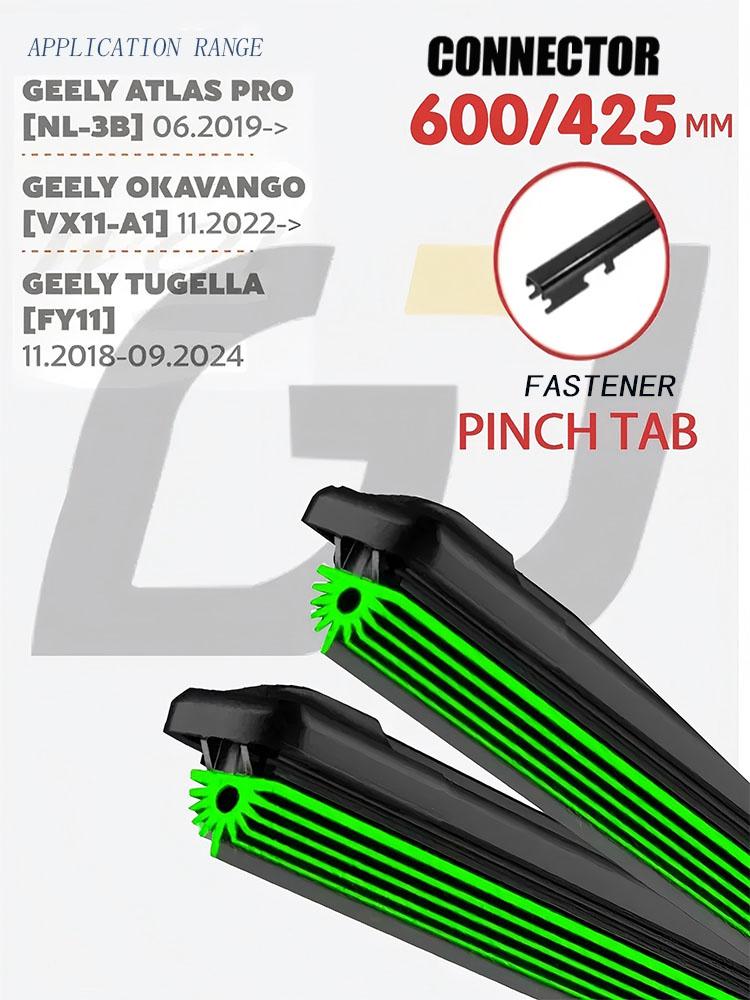 24"+17" Pinch Tab Frameless Wipers, Quiet 11-Layer Rubber Blades Fit Geely Atlas Pro, Okavango, Tugella