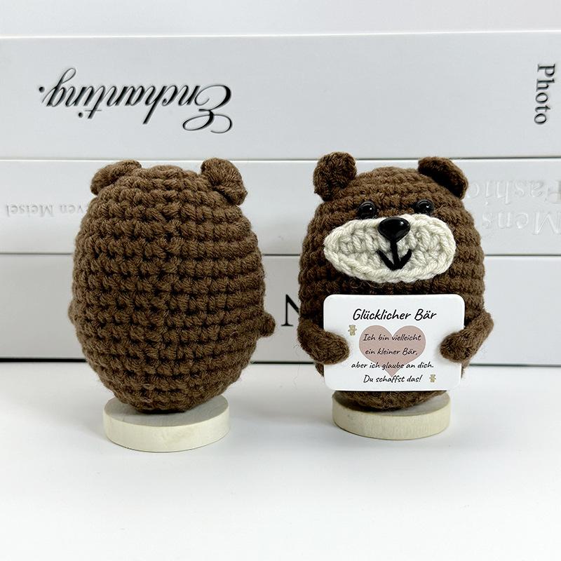 Funny Crochet Emotional Support Bear Doll With Card Desktop Ornament Handmade Knitted Pig Dolls Christmas Gifts Home Decoration