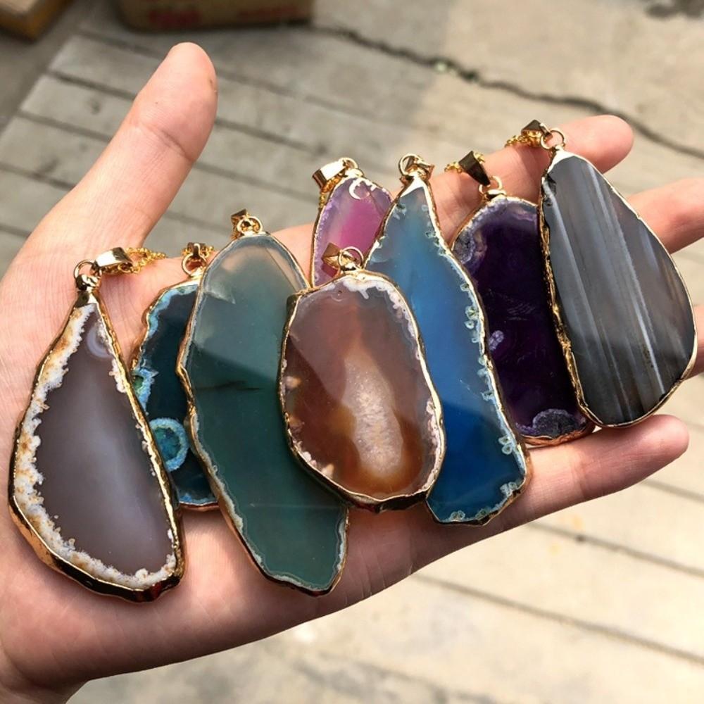 Handmade Druzy Agate Pendant 60*40mm Polished Crystal Slice Fashion Agate Wind Chime Meditation