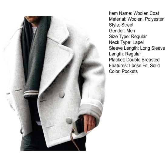 Men Winter Lapel Long Sleeve Coat Double Breasted Pockets Solid Color Warm Woolen Outwear Streetwear