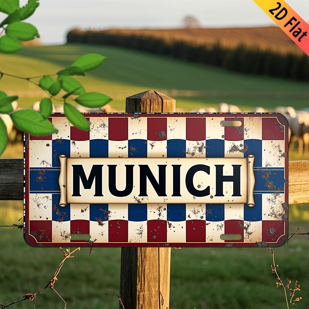 pc Vintage Munich Aluminum Sign Wall Decor with Red White and Blue Checkered Border Perfect for Home Bar Garage