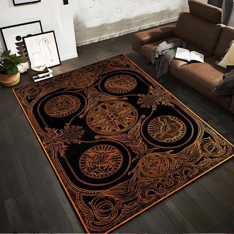 Vintage Black and Gold Carpet with Ornamental Circle Pattern Design Suitable for use as an anti-slip for living room bedroom sofas