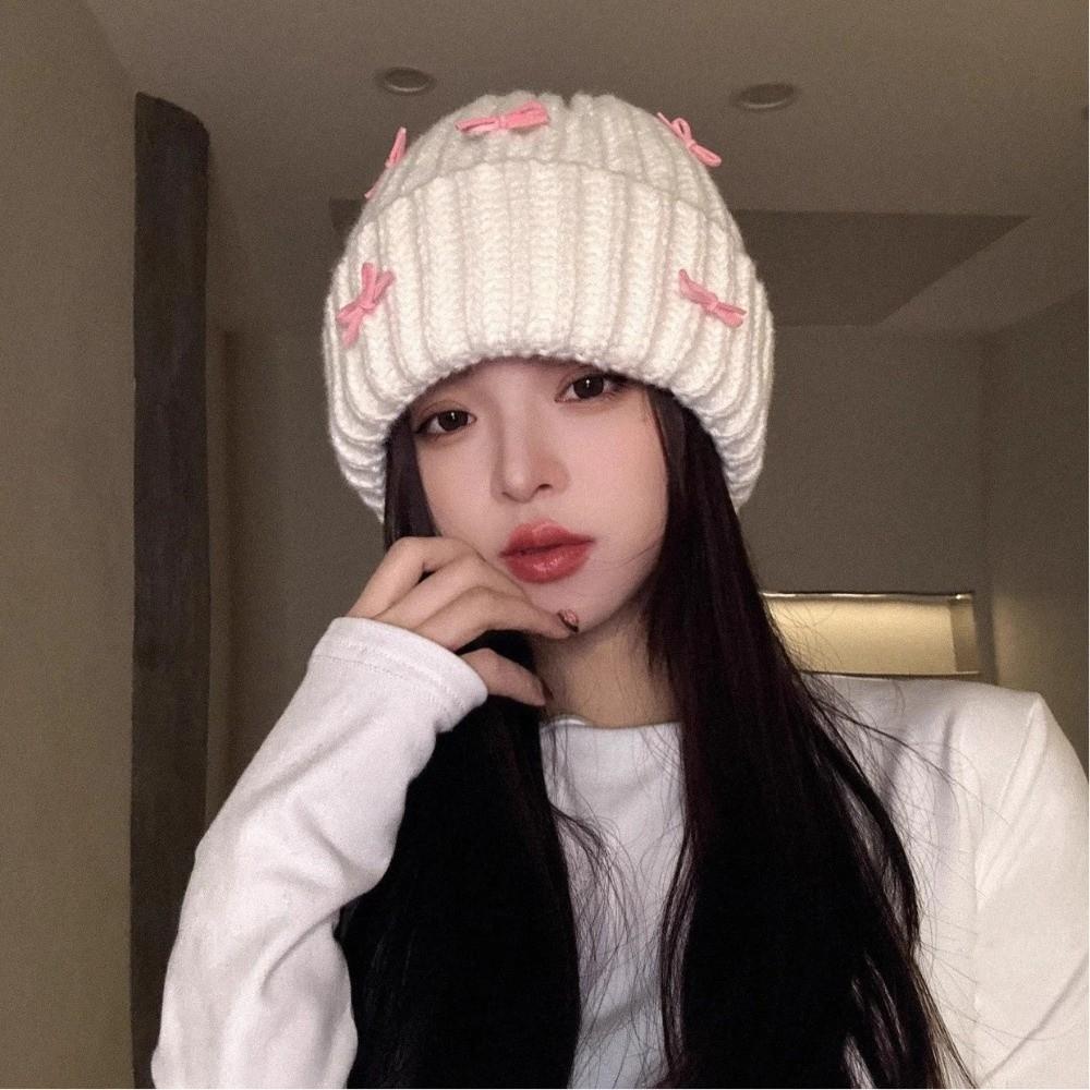 Cold-proof Bow Knitted Hat Korean Style Bow Winter Hat Warm Pullover Hat  Autumn