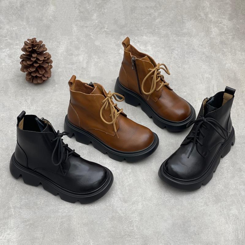 Johnature Ретро ботинки на толстой подошве с круглым носком, универсальные, из натуральной кожи, женские