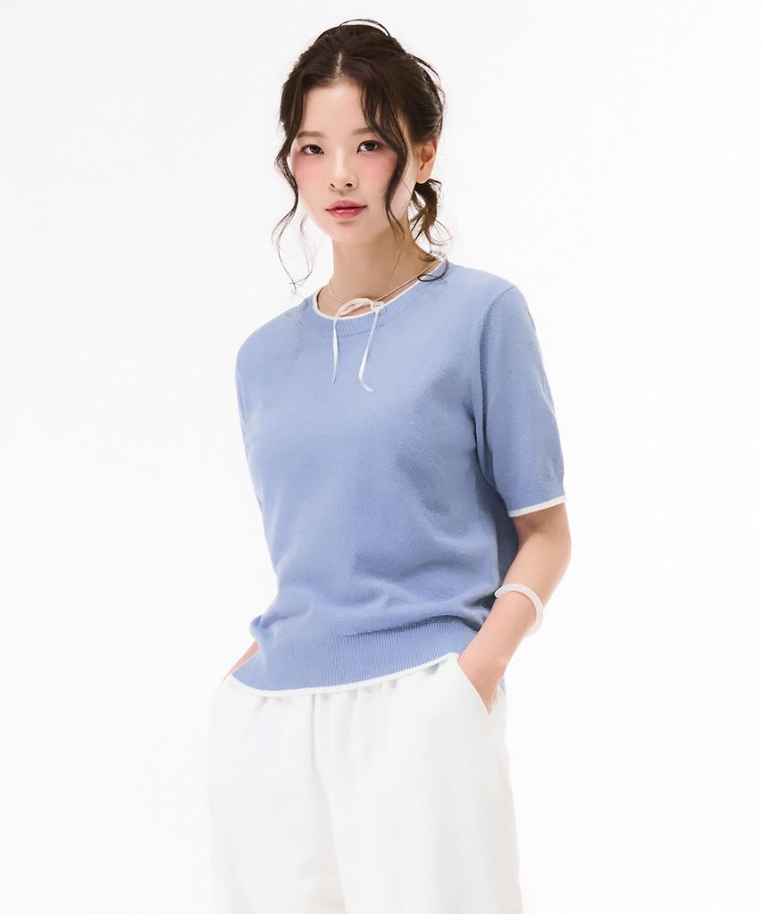 CHASECULT Women'S Crew Neck Contrast Tip Sweater - Sky Blue