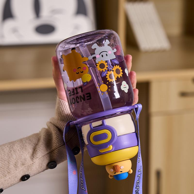 Water bottle children's water cup new food grade strap crossbody kettle kindergarten baby straw cup go out portable high temperature