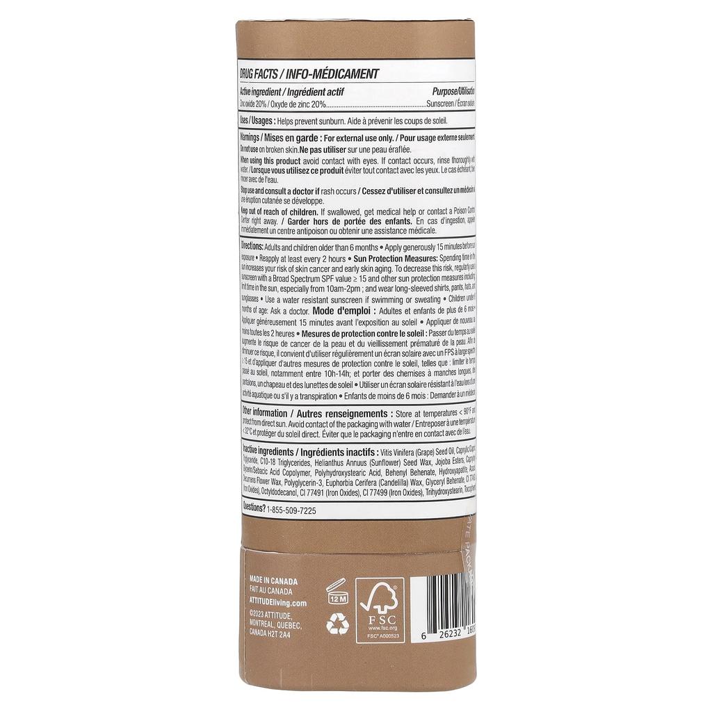 ATTITUDE Солнцезащитный крем для лица с тонирующим минеральным покрытием, SPF 30, без запаха, 0,7 унции (20 г)