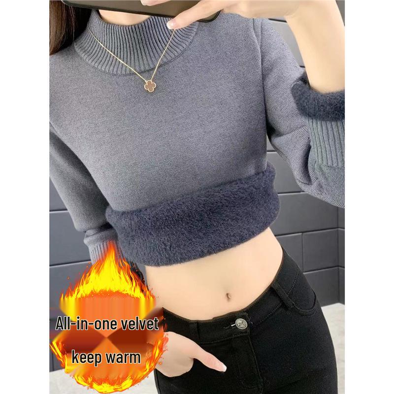 2025 Autumn/Winter Women's High-Neck Knit Velvet Base Layer Sweater - Thick, Fashionable One-Piece