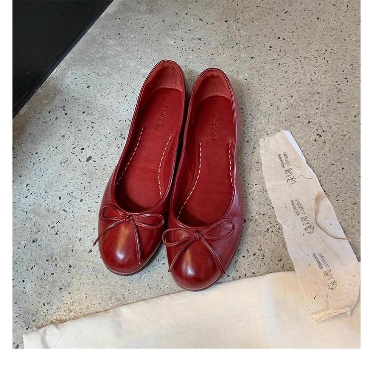 Oil wax horse skin ballet shoes bow light mouth not tired feet flat single shoes women's egg roll shoes