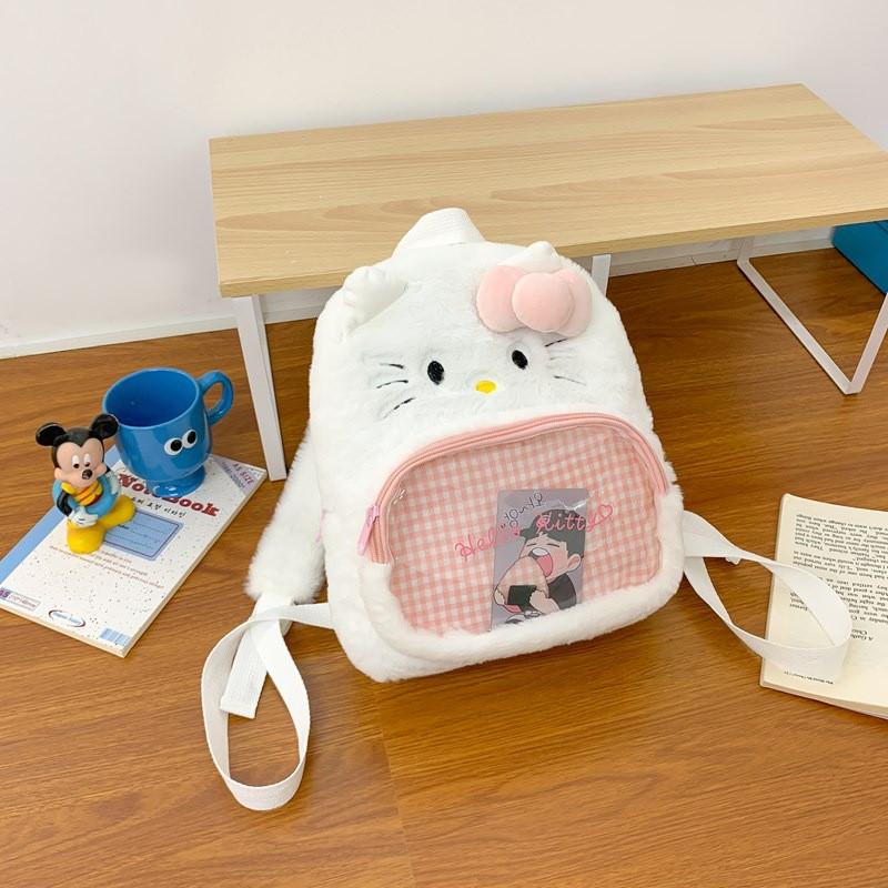 Cute Hello Kitty Kuromi Cinnamoroll My Melody Checkered Pattern Plush Backpack For Leisure Trips