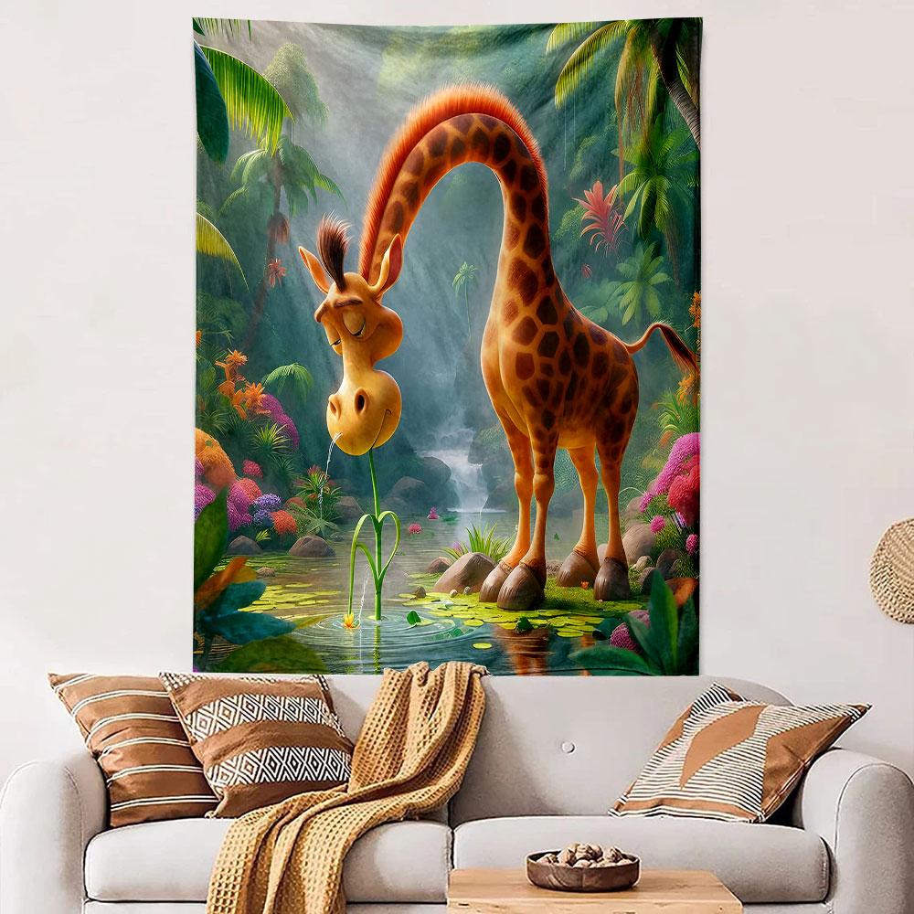 "Whimsical Giraffe in Tropical Paradise" Patterned Tapestry Decorative Wall Hanging, Home Bedroom Living Room Decor