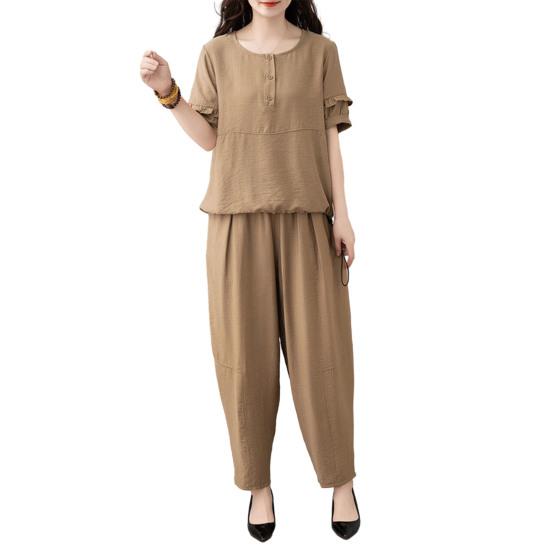 Женский комплект из хлопка и льна, повседневный комплект из 2 предметов: топ с короткими рукавами, круглым вырезом и длинными брюками с карманами, летний свободный домашний костюм