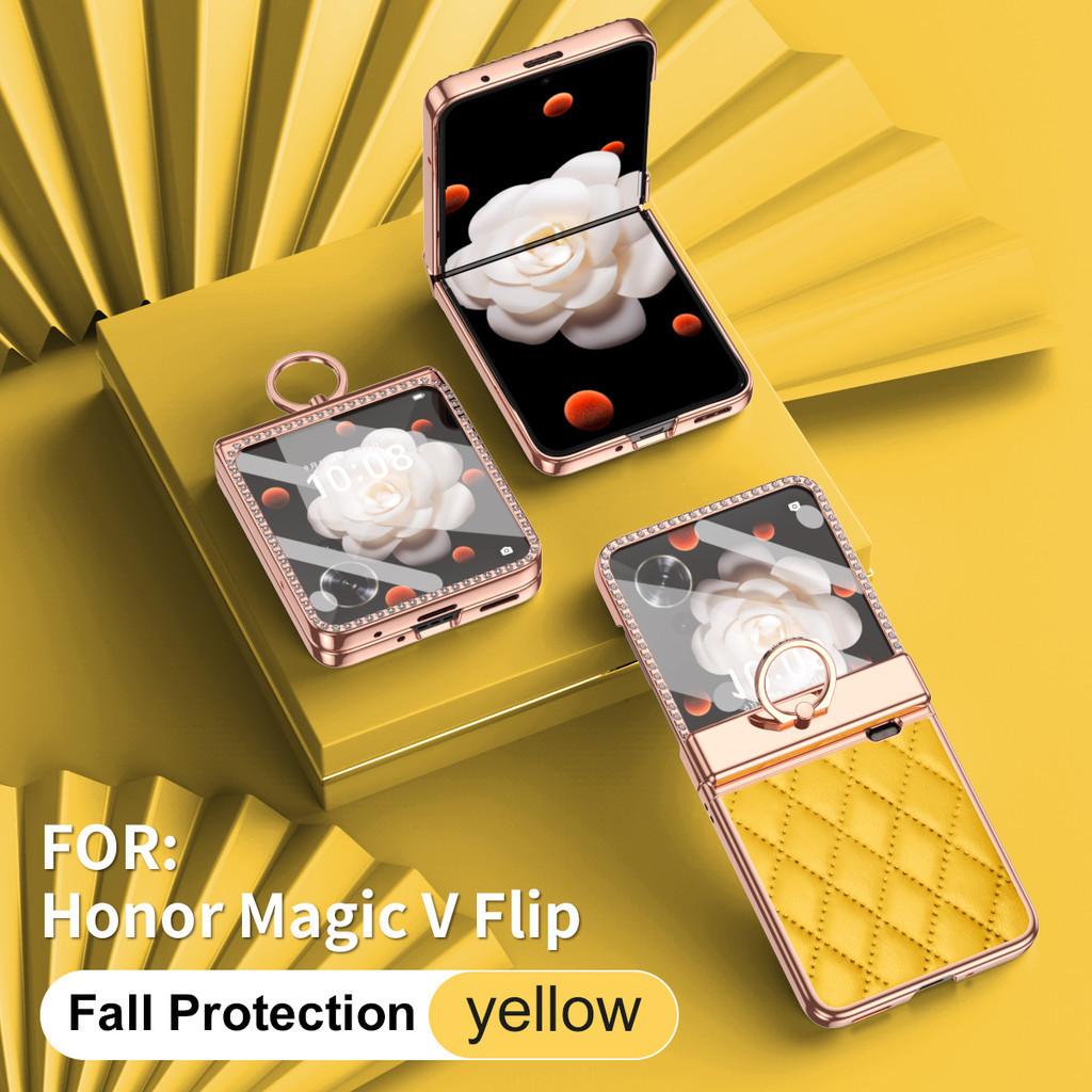 Чехол-держатель для кольца из гальванизированной кожи для Honor Magic V Flip, роскошная защитная крышка для линз с бриллиантами для Honor MagicV Flip LRA-AN00