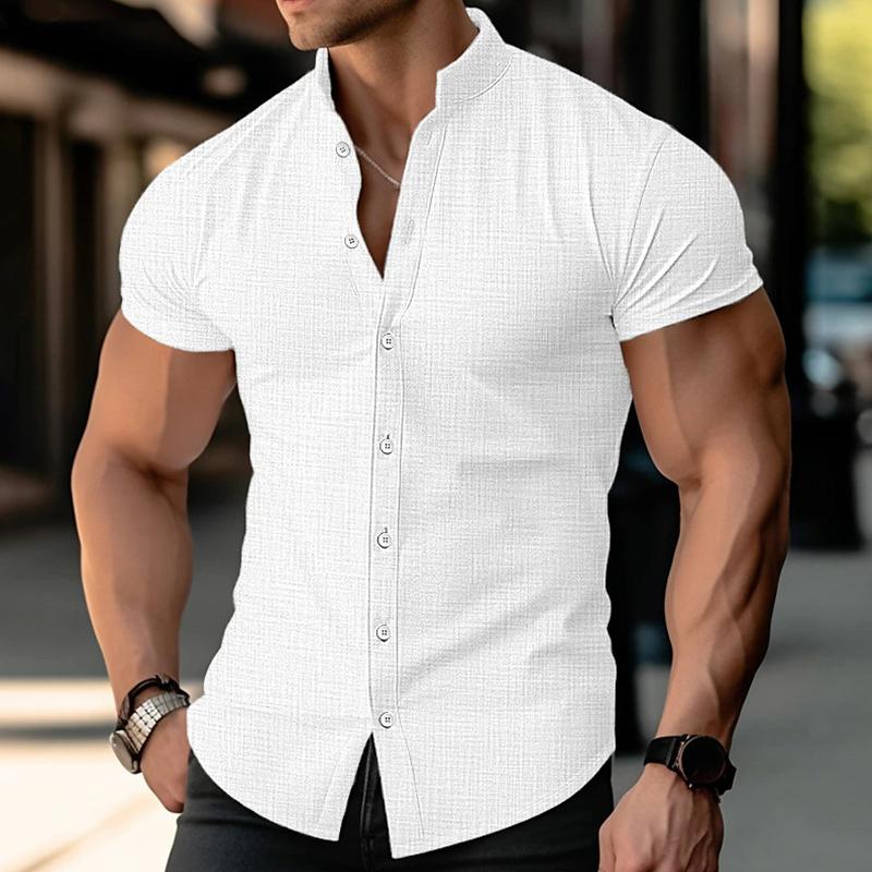 Summer Men's Short Sleeve Shirt Cotton Blended Breathable Solid Color Collar Button Shirt Business Casual Commuter Shirt