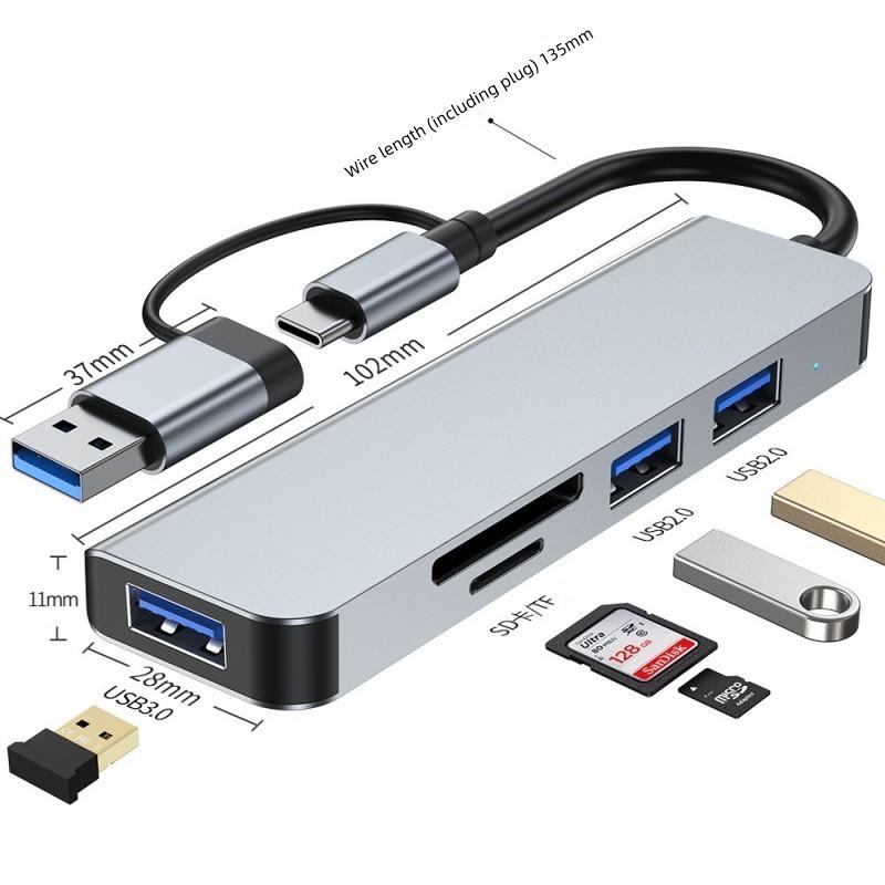 USB-C/USB-A Dual-Interface Hub 5-in-1 Adapter with USB3.0/2.0 Ports and SD/TF Card Reader for Laptops and Desktop Computers
