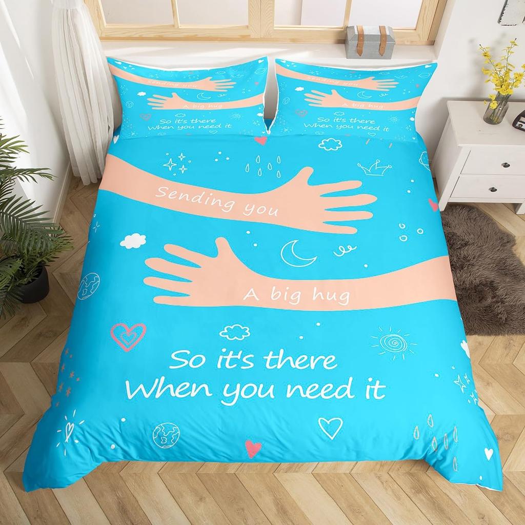 Cute Love Hug Duvet Cover Set Single King for Kids Adults Cute Sun Moon Cloud Bedding Set Lovely Heart Pattern Beige Quilt Cover