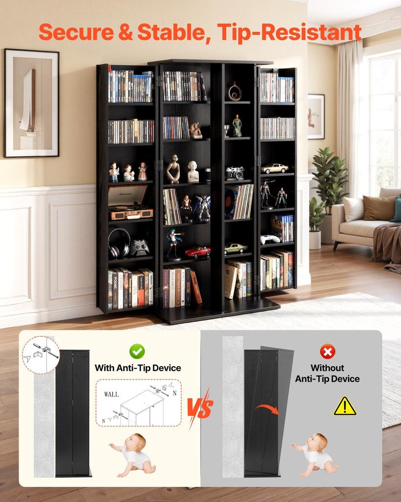 Media Storage Cabinet, 6-Tier DVD Shelf Organizer, 610 x 368 x 1270 mm Multimedia Storage Organizer for CDs, DVDs, Books, Games, CD Shelf for Living