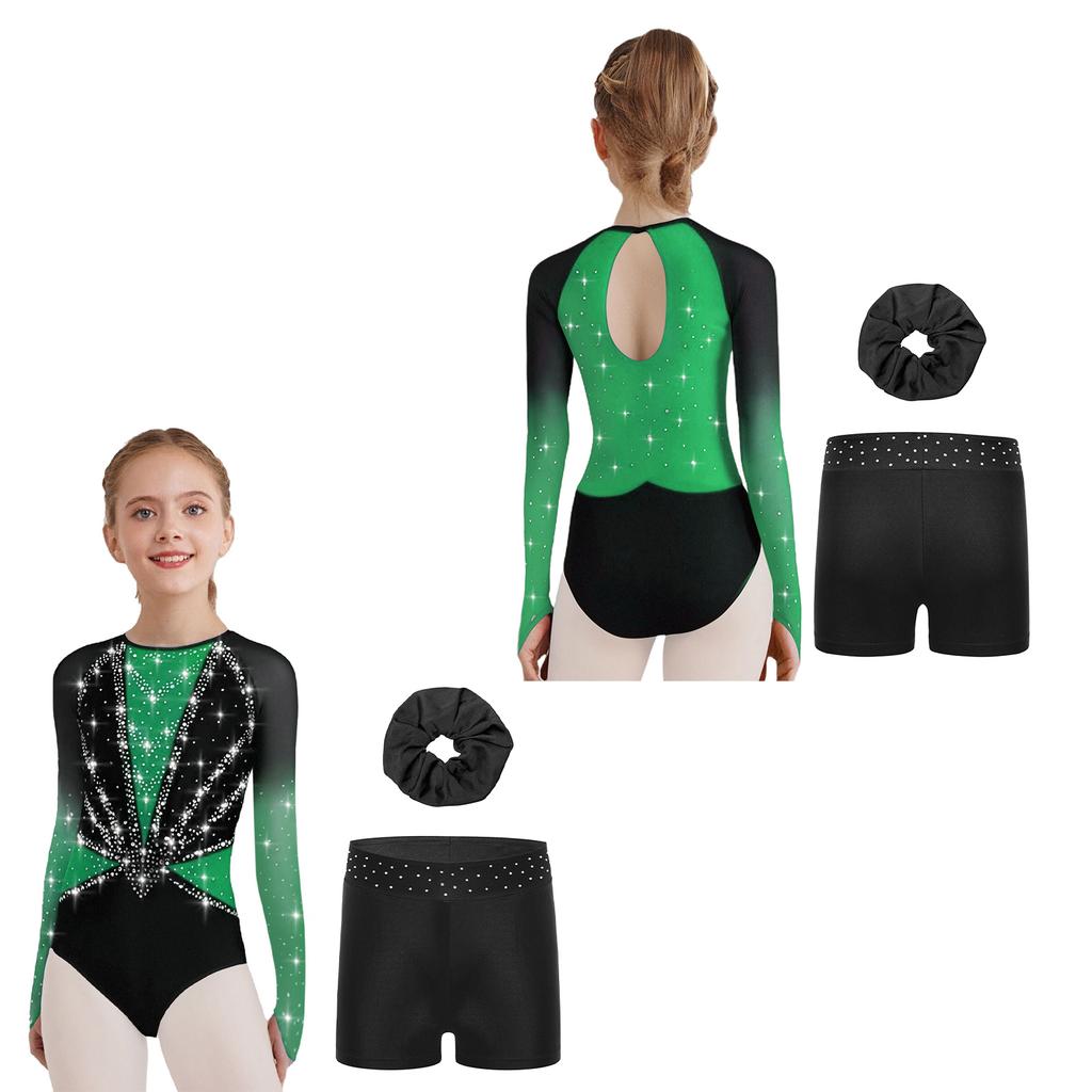 Kids Girls 3Pcs Gymnastics Dance Set Round Neck Mesh Long Sleeve Keyhole Back Rhinestone Color Block Leotard with Shorts Headwear