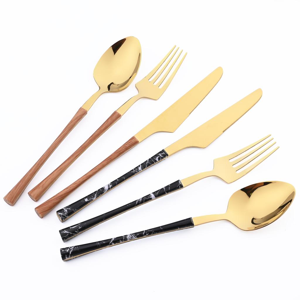24 шт., набор посуды из нержавеющей стали с имитацией дерева, мраморной ручкой, западный нож, вилка, ложка, столовая посуда с 1 шт., набор держателей
