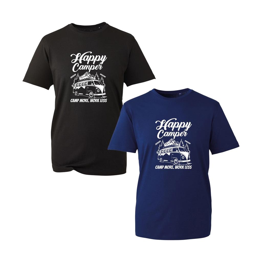 Camp More Work Less Happy Camper T-Shirt, Retro Funny Summer Holidays Outdoor