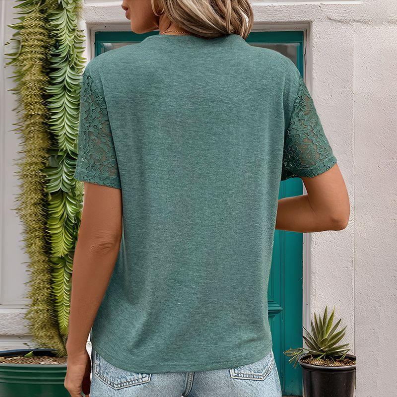 Summer Women's T-shirt Lace Splicing V-neck Casual Short Sleeve Top