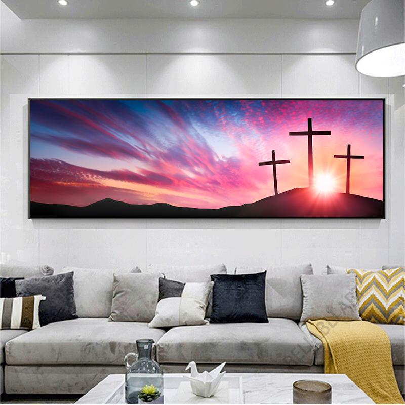Иисус Христос три деревянных креста Холст Картина Восход солнца с облаками и звездным небом Плакаты для Спальня Декор в гостиную