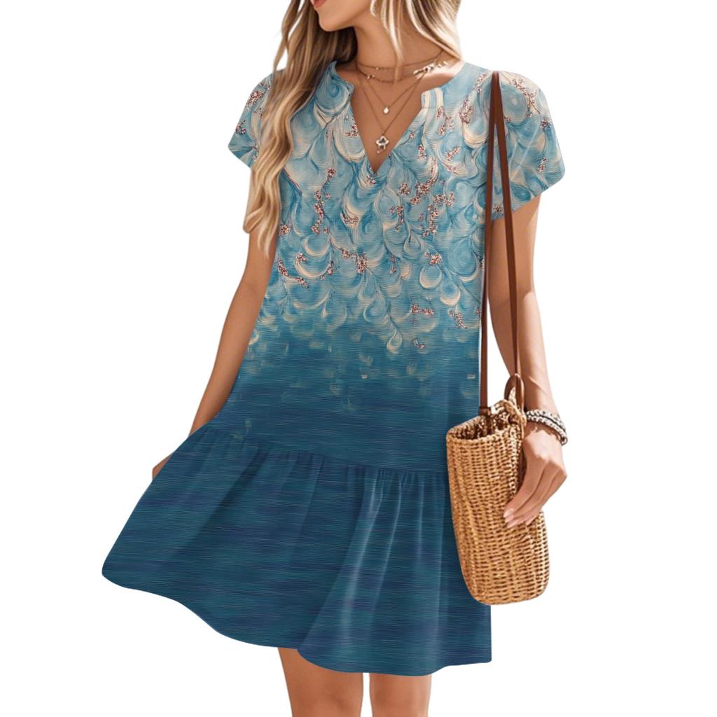 Женские платья с коротким рукавом и V-образным вырезом с цветочным принтом Свободные повседневные пляжные платья в стиле темперамент