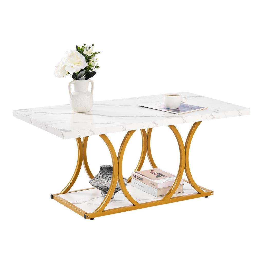 VEVOR Coffee Table, Modern Faux Marble Coffee Table, 2-Tier Rectangle Center Desk with Geometric Legs